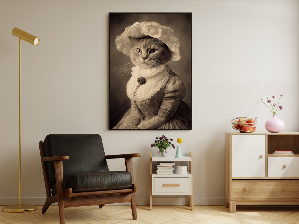 Victorian Cat Lady Sepia Photo Lace Bonnet Antique Art Poster - Image 2