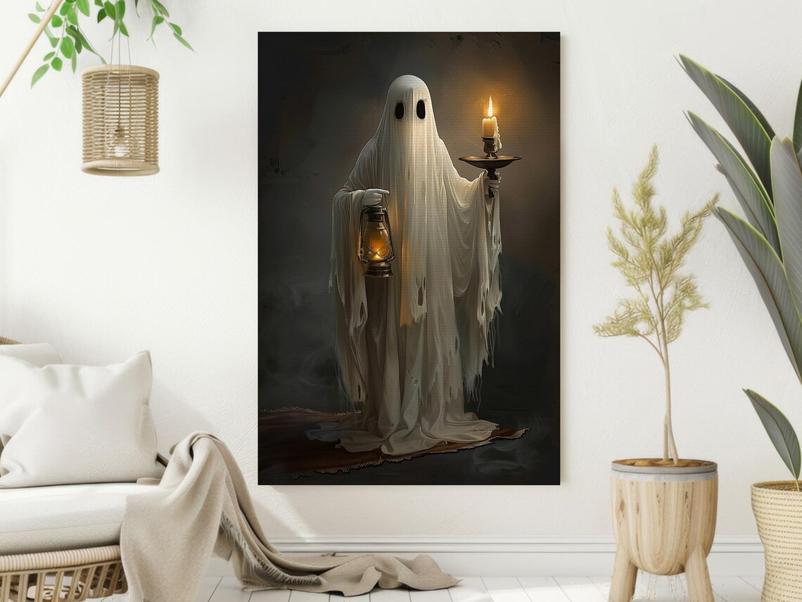 Ghost Holding Lantern and Candle in Dark Warm Candlelit Spooky Wall Poster - Image 2