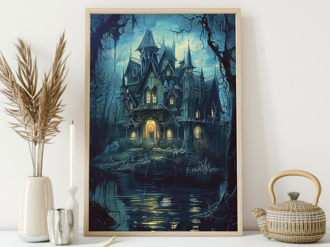 Dark Haunted Castle By Night Lake Glowing Windows Gothic Art Poster - Image 4