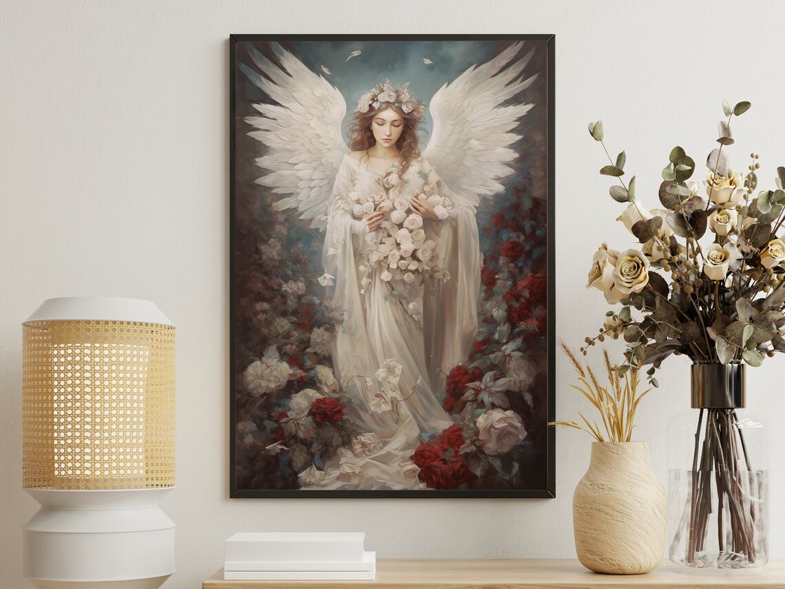 Vintage Floral Angel Painting Angel Art Print Angel Print Angel Poster Print Angel Wall Decor Angels Wall Hanging