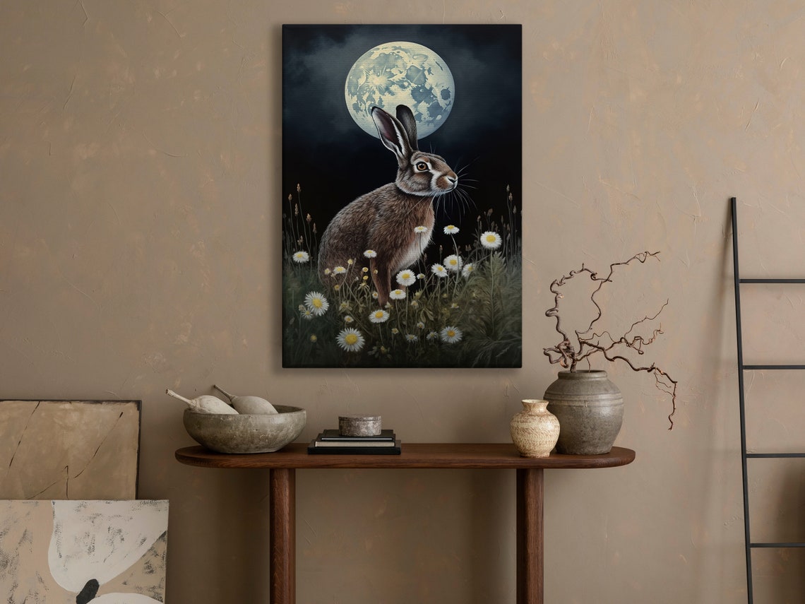 Hare Gazing At The Full Moon In A Daisy Meadow At Night Poster - Image 4