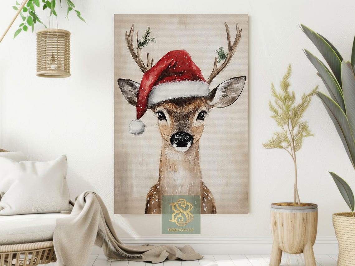Baby Deer Wearing Santa Hat With Pine Sprigs Watercolor Art Print - Image 2