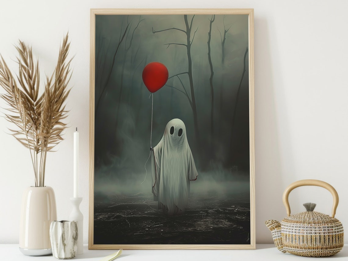 Cute Ghost Holding Red Balloon in Dark Misty Forest Halloween Poster - Image 4