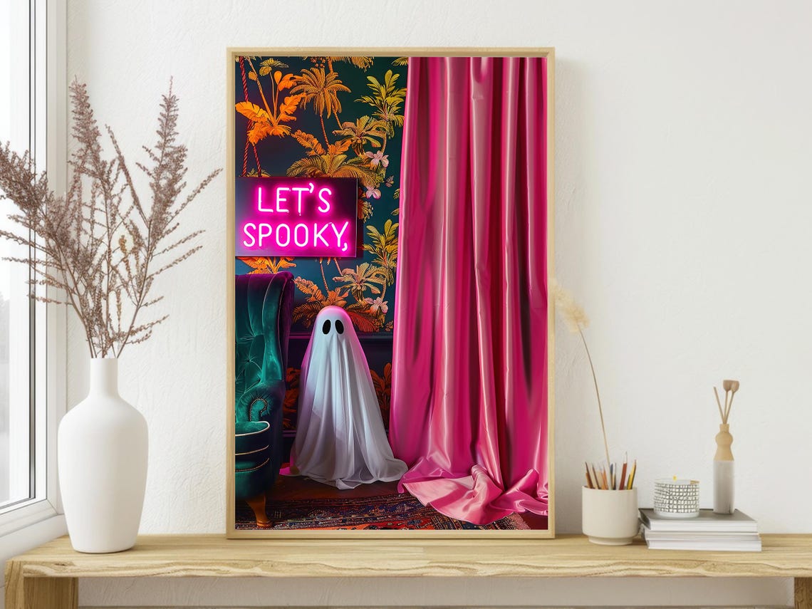 Let's Spooky Neon Sign Ghost Pink Curtain Maximalist Halloween Poster - Image 4