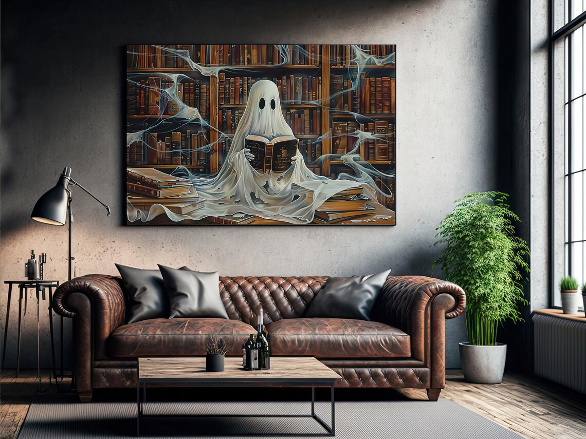 Ghost Reading Books in Haunted Library Oil Painting Halloween Poster - Image 2