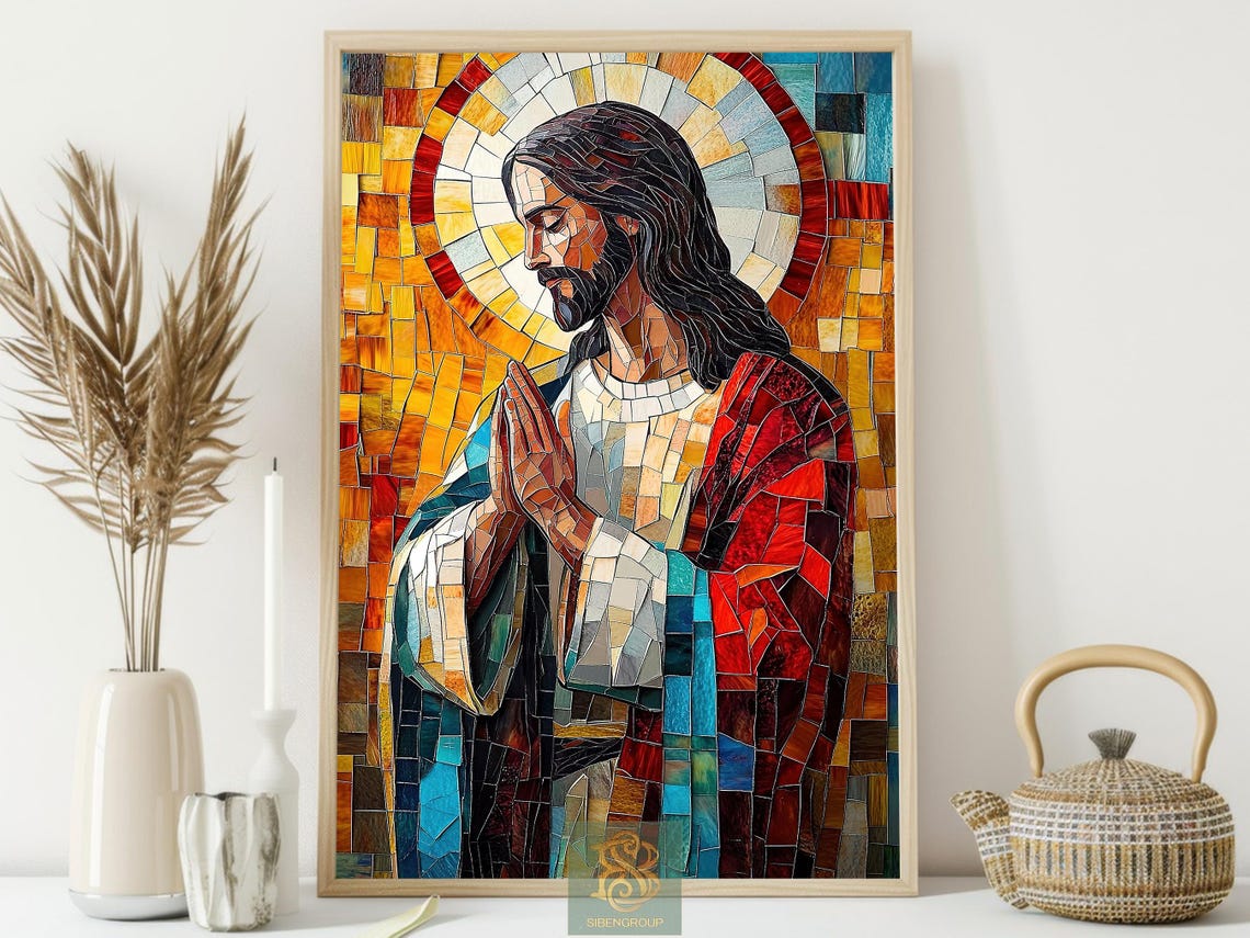 Praying Jesus Christ Stained Glass Mosaic Gold Halo Christian Poster - Image 4