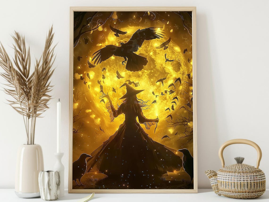 Witch Silhouette with Crows Before Giant Golden Full Moon Art Poster - Image 3