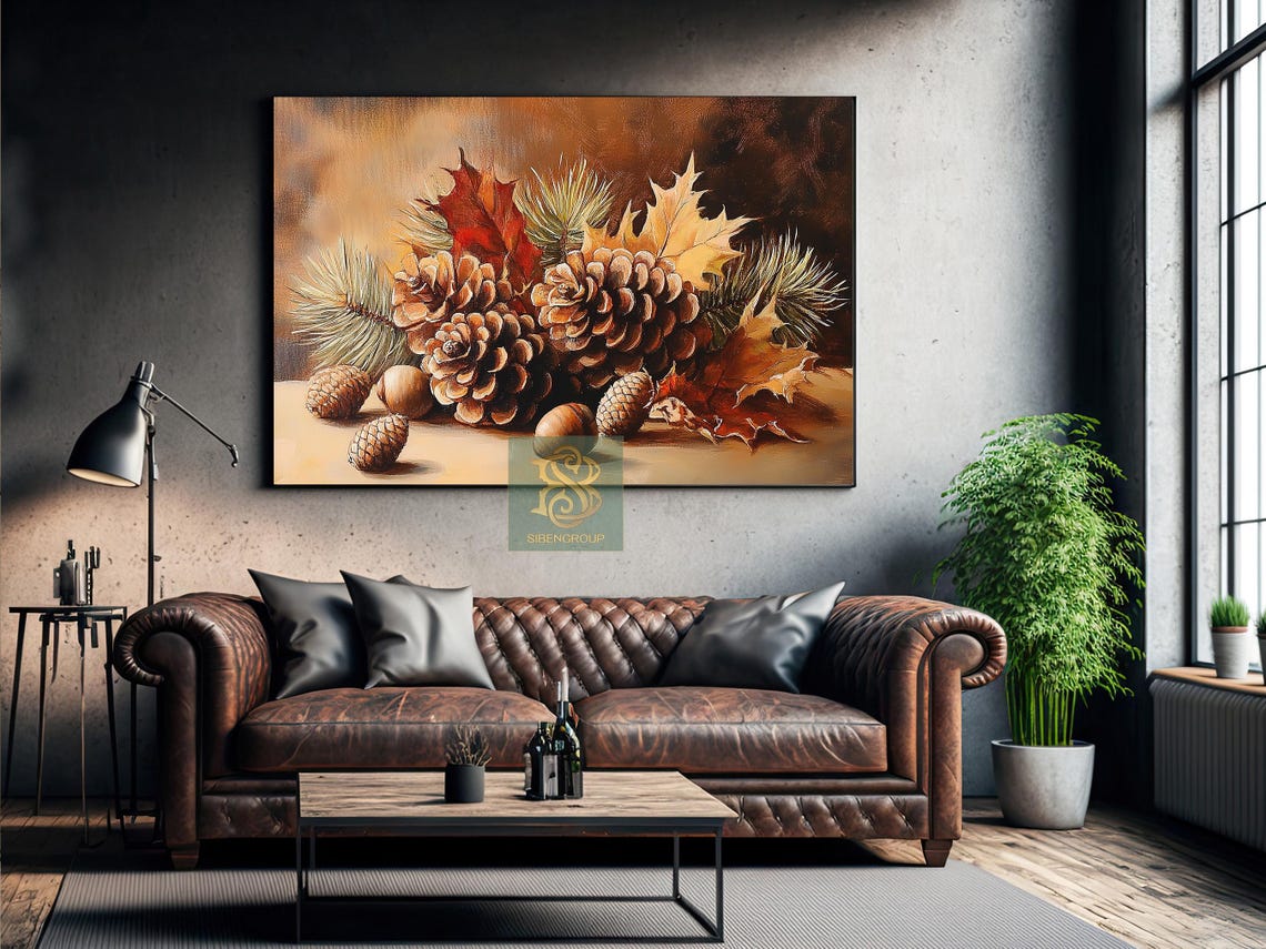 Pinecone And Acorn Still Life With Autumn Maple Leaves Rustic Print - Image 3