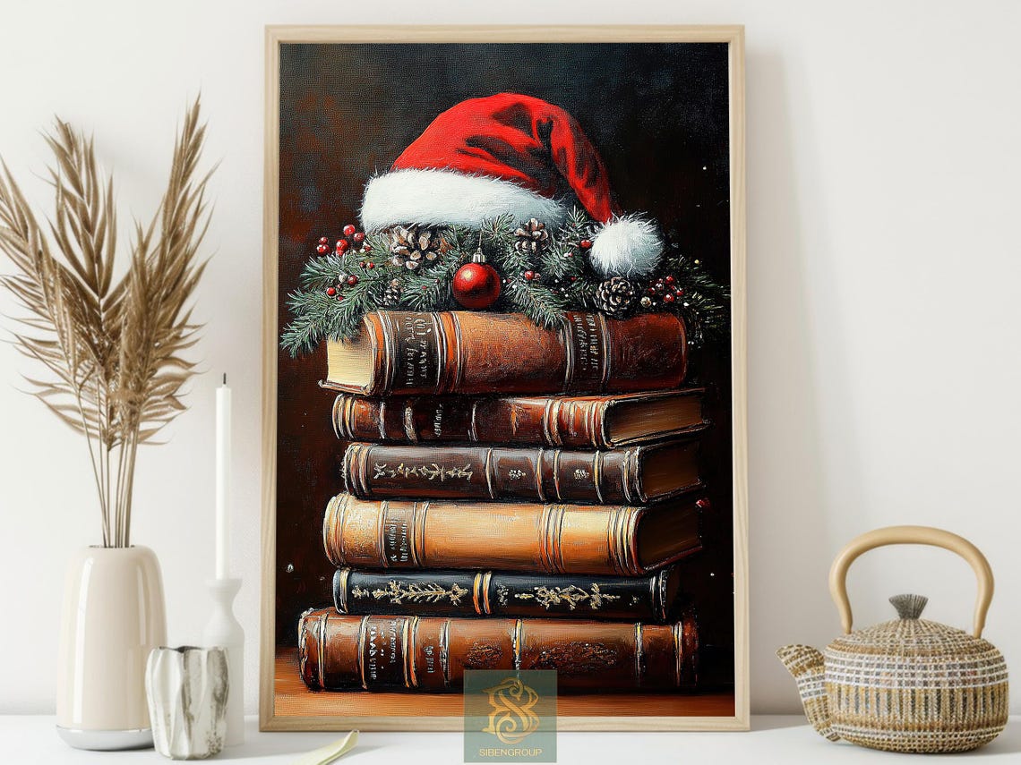 Vintage Stack Of Old Books With Santa Hat Pine Garland Holiday Print - Image 3