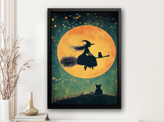 Witch Silhouette Flying Across Glowing Harvest Moon Night Art Print