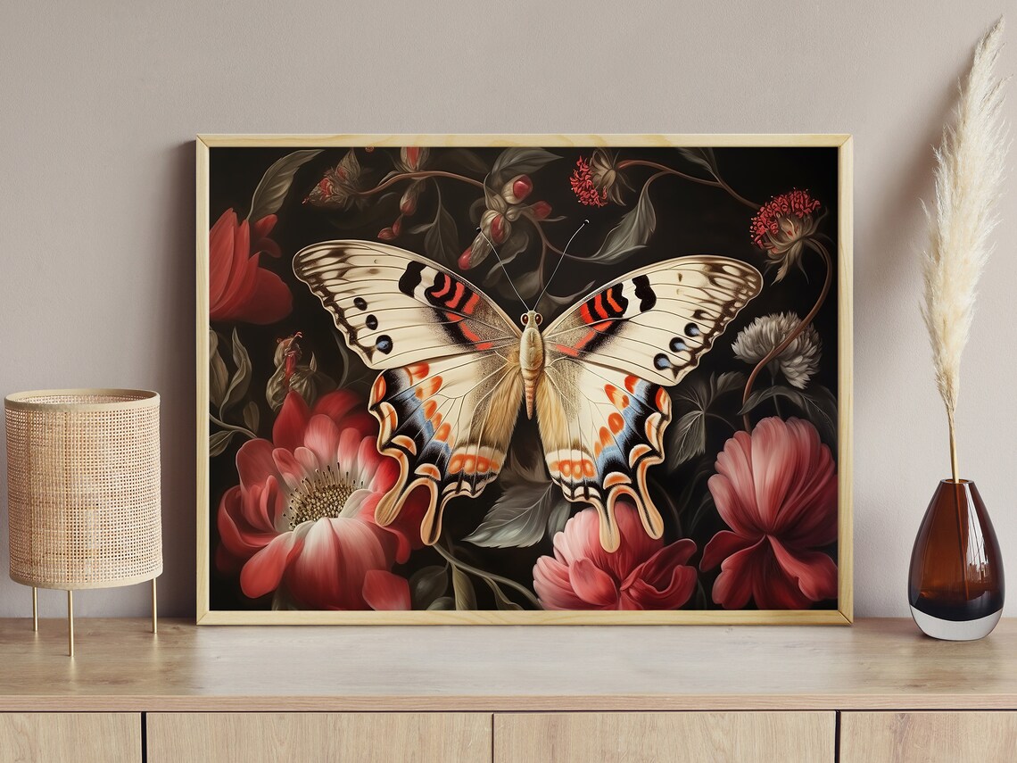 Cottage Butterfly Painting Vintage Flowers Art Print Butterfly Print Flowers Wall Art Botanical Art Print Flowers Poster Print