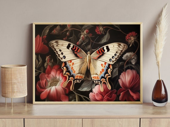Cottage Butterfly Painting Vintage Flowers Art Print Butterfly Print Flowers Wall Art Botanical Art Print Flowers Poster Print