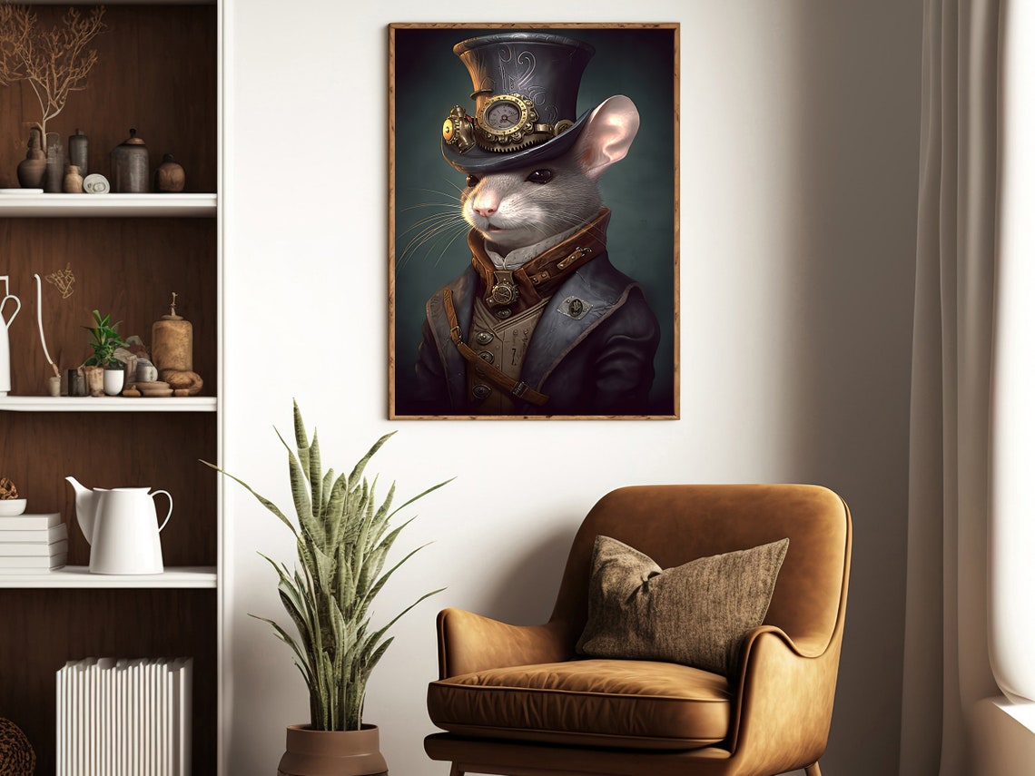 Steampunk Mouse Captain In Top Hat With Goggles Portrait Art Print - Image 2