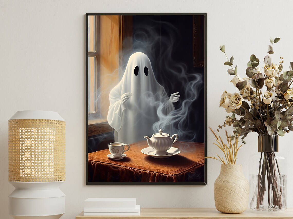 Cute Ghost Enjoying Steaming Tea Break Cozy Spooky Vintage Halloween Wall Art