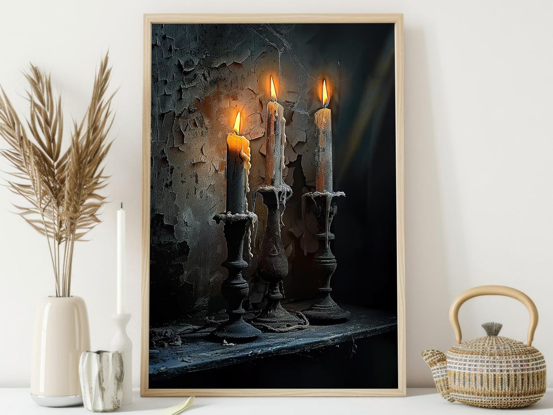 Three Burning Black Candles Dripping Wax Gothic Still Life Art Poster - Image 4