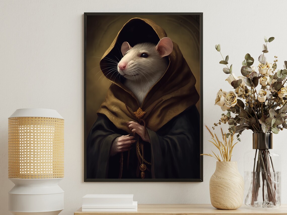 White Rat Monk Hooded Robe Rosary Dark Academia Animal Poster