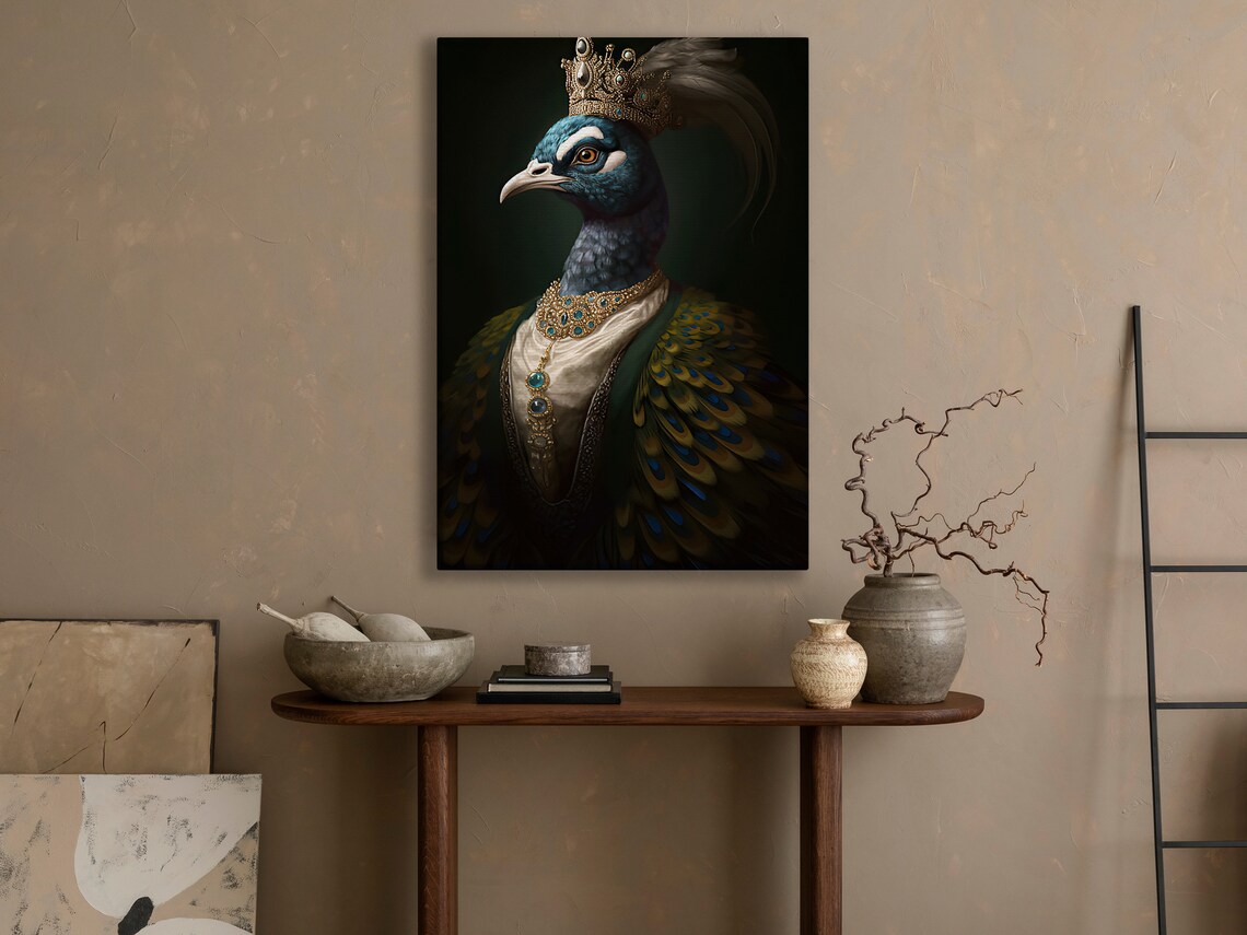 Regal Peacock In Golden Crown And Jewels Royal Portrait Art Print - Image 4