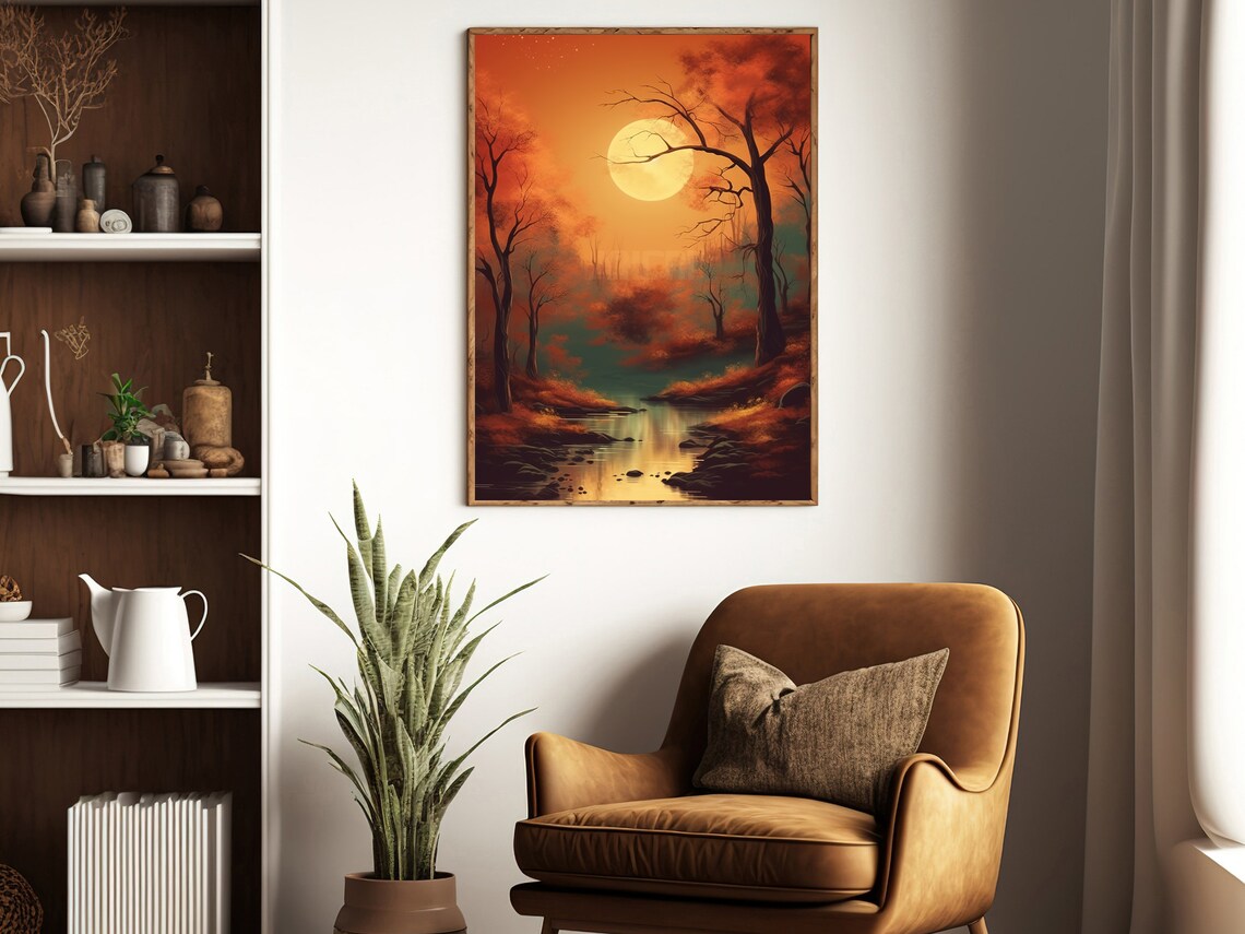Vintage Fall Creek Forest Painting Art Print Retro Forest Landscape Poster Print - Image 2