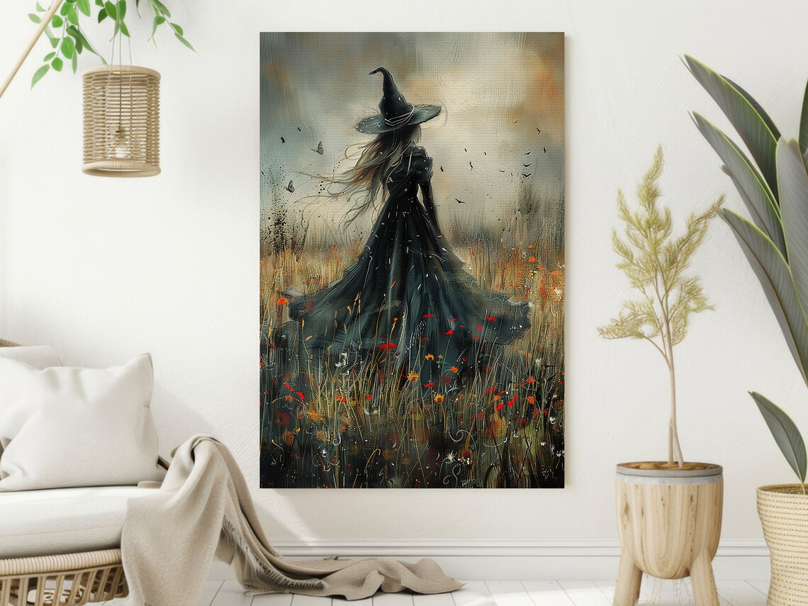 Cottage Witch in Flower Field, Halloween Poster Print - Image 2