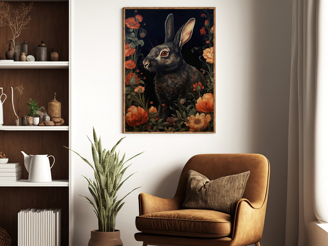 Black Rabbit In Profile Orange Poppies Dark Botanical Gothic Vintage Wall Art - Image 4