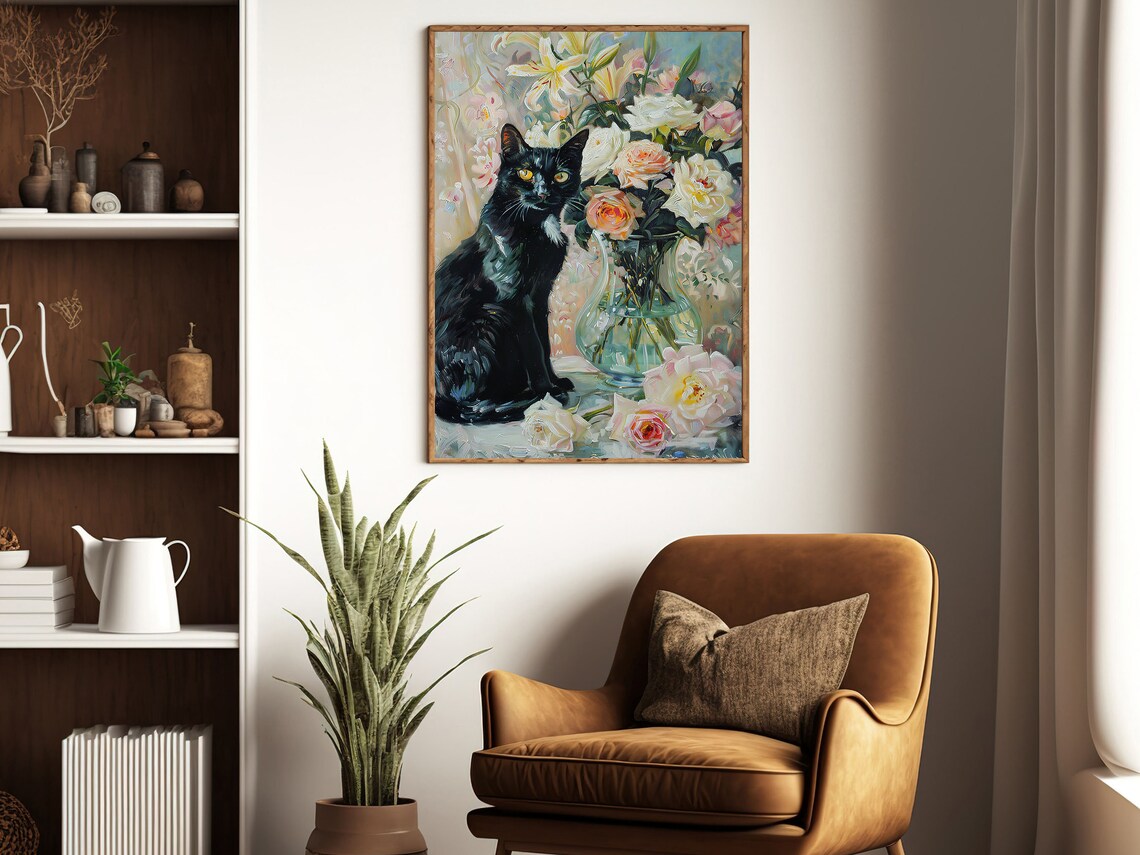 Vintage Cat and Flowers Vase Painting Art Print - Image 4