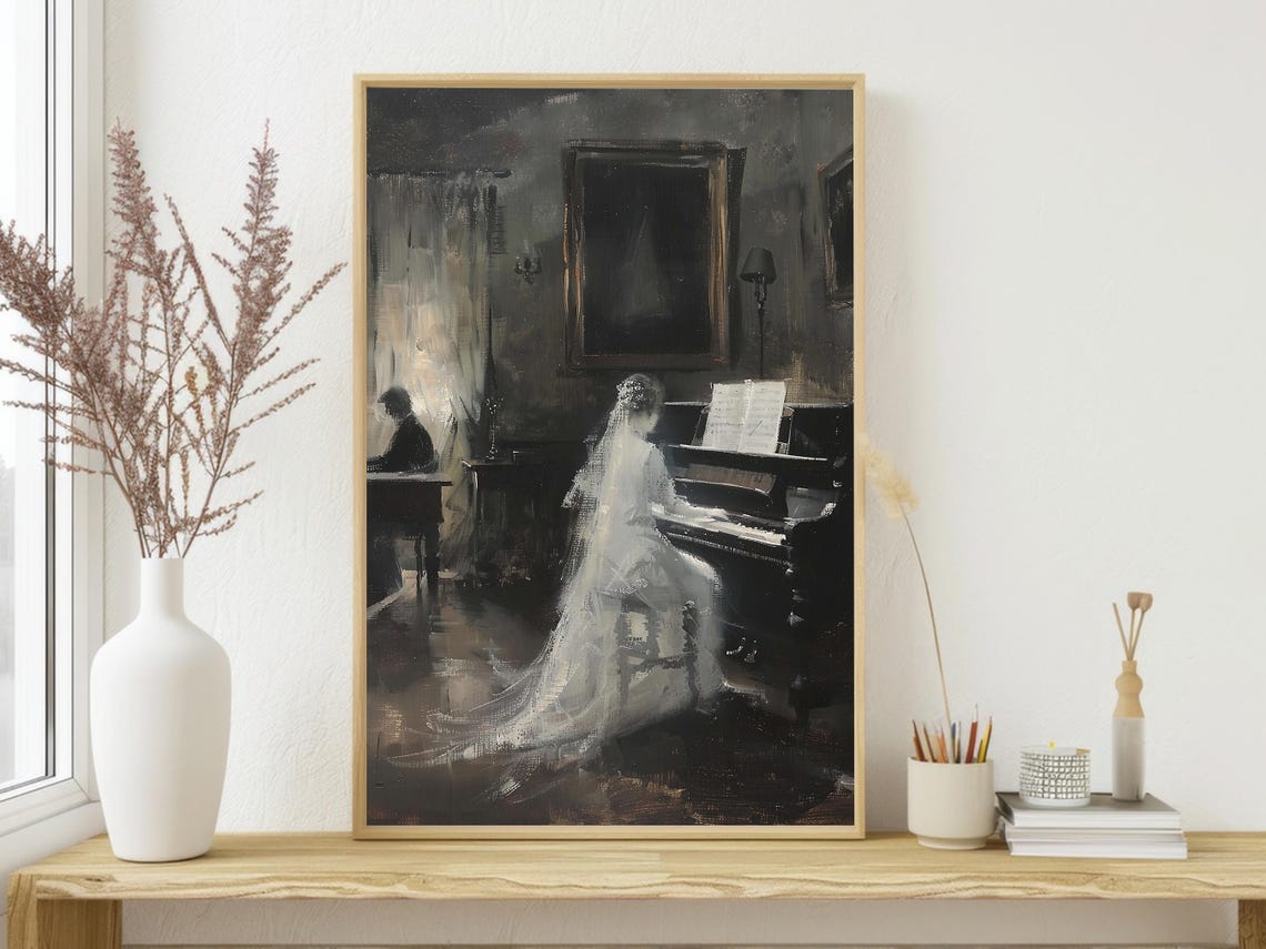 Ghostly Woman Playing Piano in Dark Haunted Music Room Art Poster - Image 4