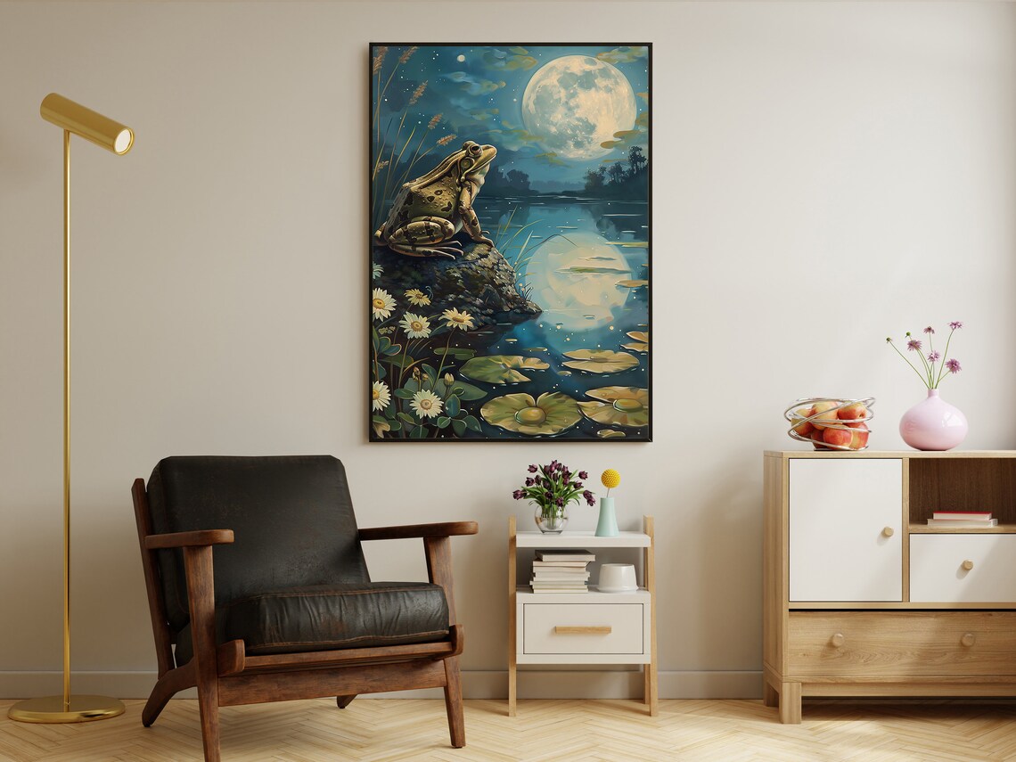 Toad On Rock Moonlit Pond Lily Pads Full Moon Art Nouveau Night Art Poster - Image 2