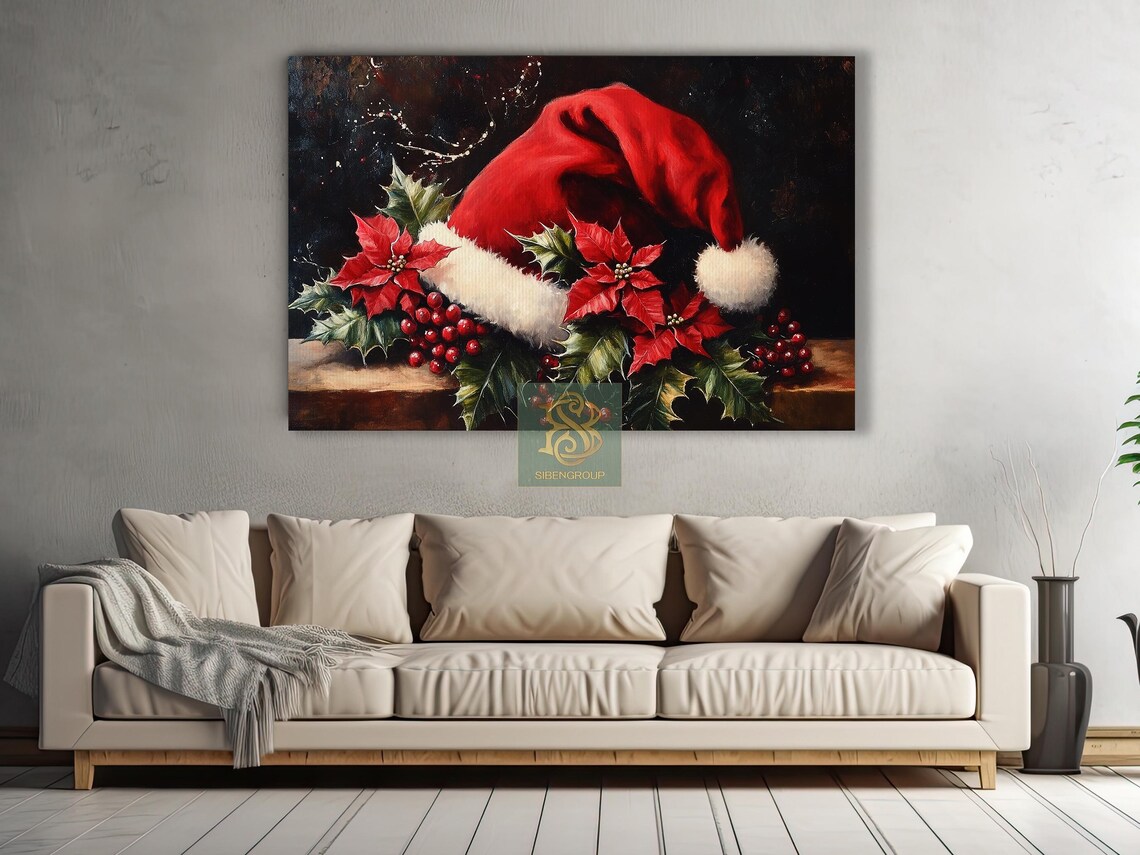 Vintage Santa Hat Painting, Cozy Christmas Art Print - Image 4