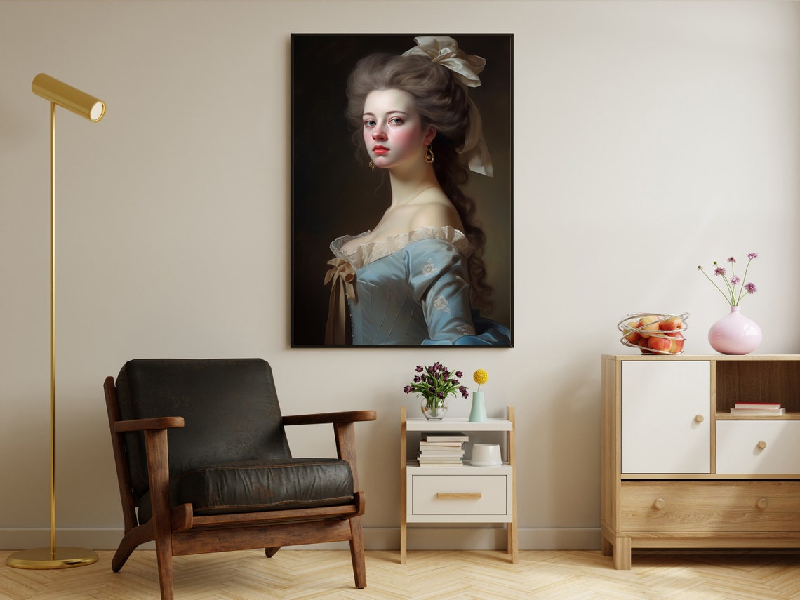Retro Lady Blue Gown White Bow Hair Classic Rococo Portrait Art Poster - Image 3