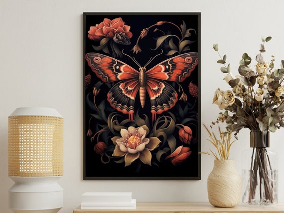 Vintage Butterfly Painting Flower Art Print Butterfly Print Gothic Art Print Dark Academia Art Print Rustic Flowers Poster