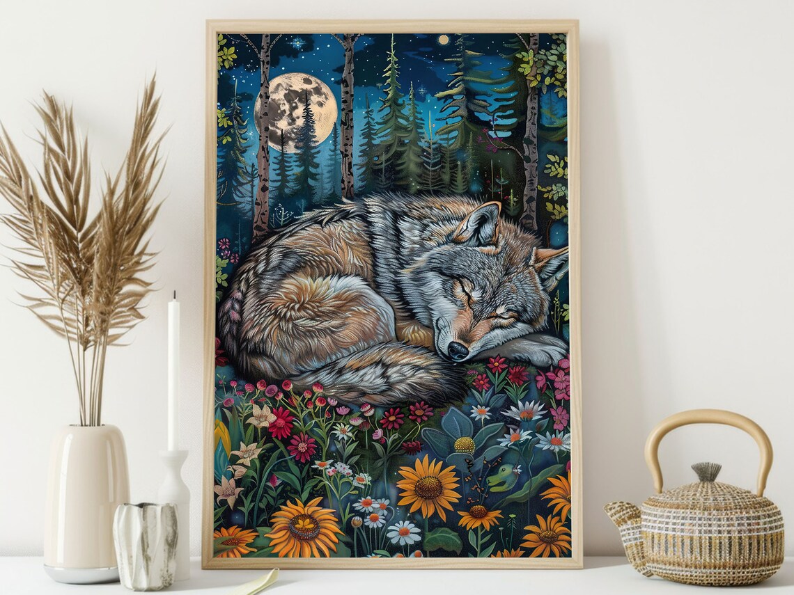 Sleeping Wolf Moonlit Pine Forest Wildflower Night Wildlife Painting Poster - Image 3