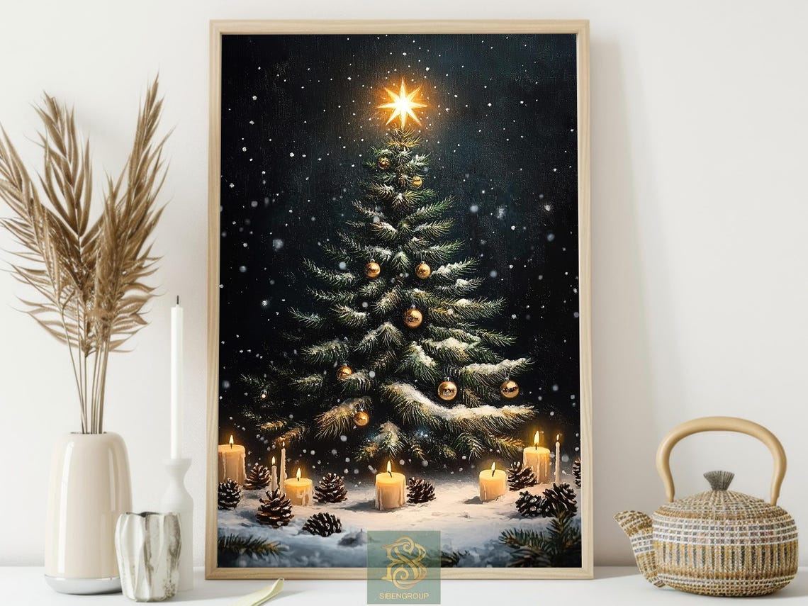 Snowy Christmas Tree at Night With Glowing Star and Candles Poster - Image 4