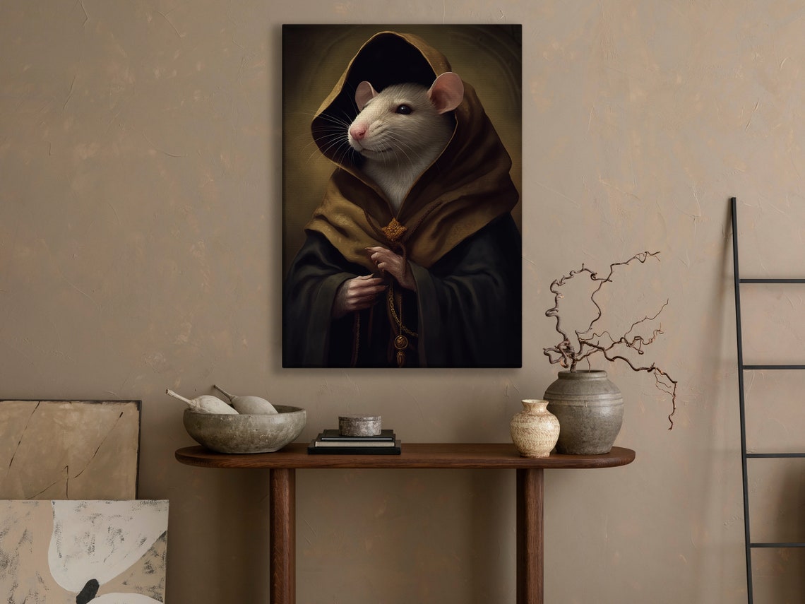 White Rat Monk Hooded Robe Rosary Dark Academia Animal Poster - Image 4