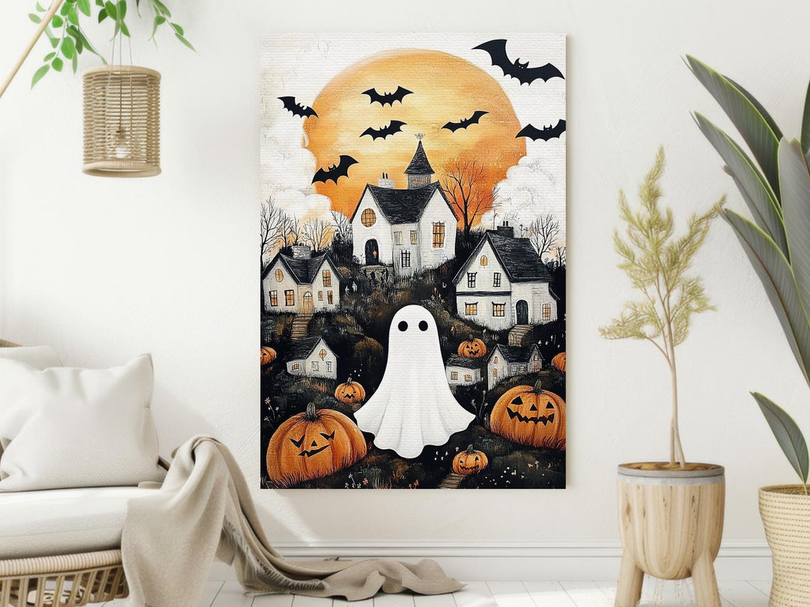 Whimsical Halloween Village Ghost Bats Pumpkins Folk Art Poster - Image 2