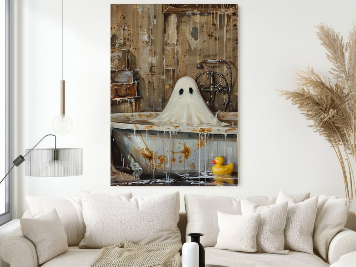 Cute Ghost in Vintage Bathtub Rubber Duck Bathroom Halloween Poster - Image 2