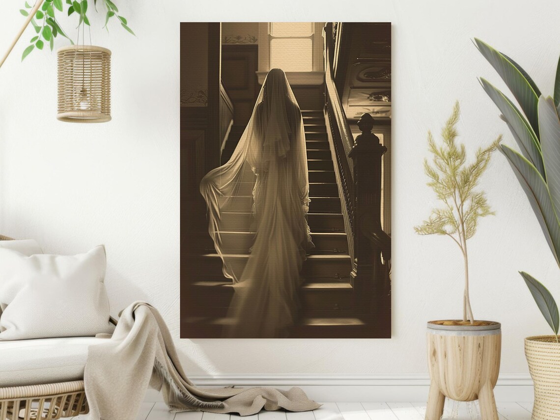 Ghost Bride Ascending Grand Wooden Staircase Sepia Vintage Haunted Poster - Image 2