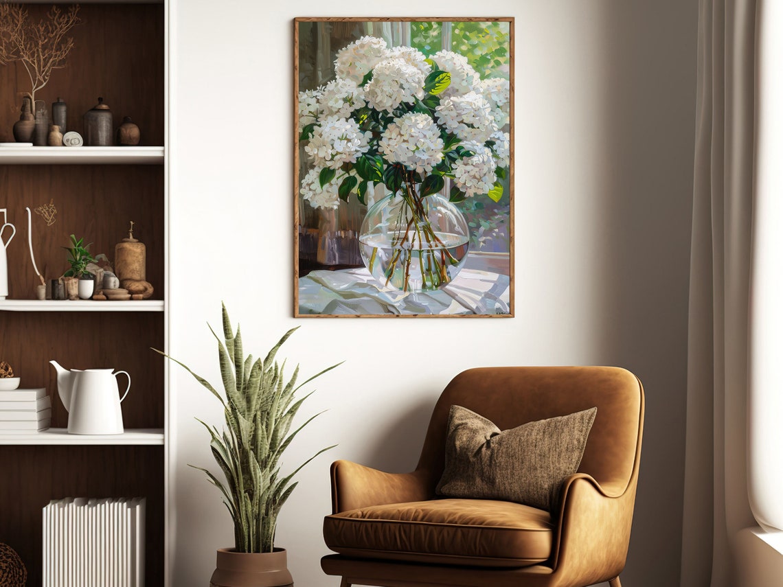 White Hydrangea Blooms Glass Vase Sunlit Window Floral Art Poster - Image 4