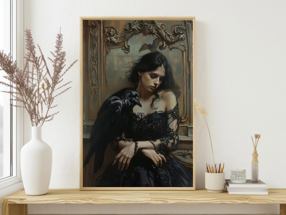 Dark Woman with Raven Crow in Black Lace Gown Gothic Oil Painting Poster - Image 4