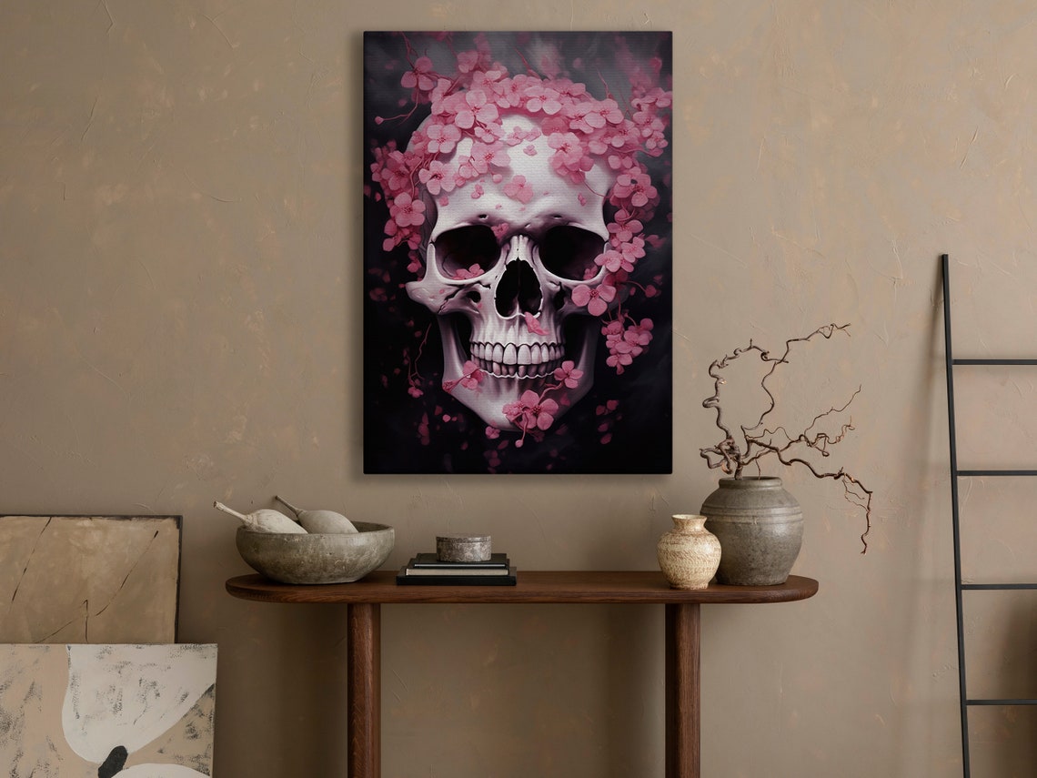 White Skull Pink Cherry Blossoms Dark Gothic Floral Art Poster - Image 4
