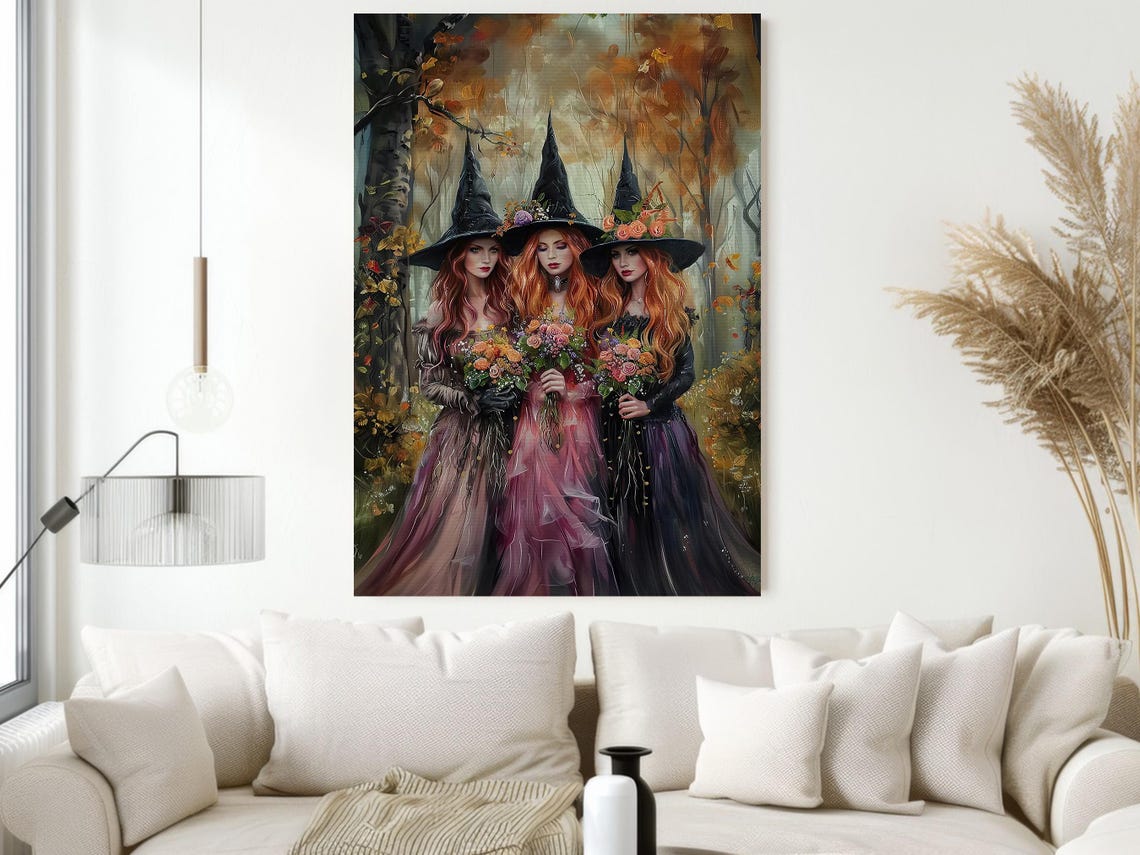 Three Beautiful Witches with Flower Crowns in Autumn Forest Art Poster - Image 2