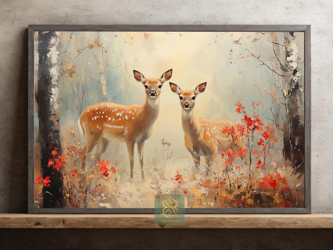 Two Spotted Sika Deer in Misty Forest With Red Berries Poster