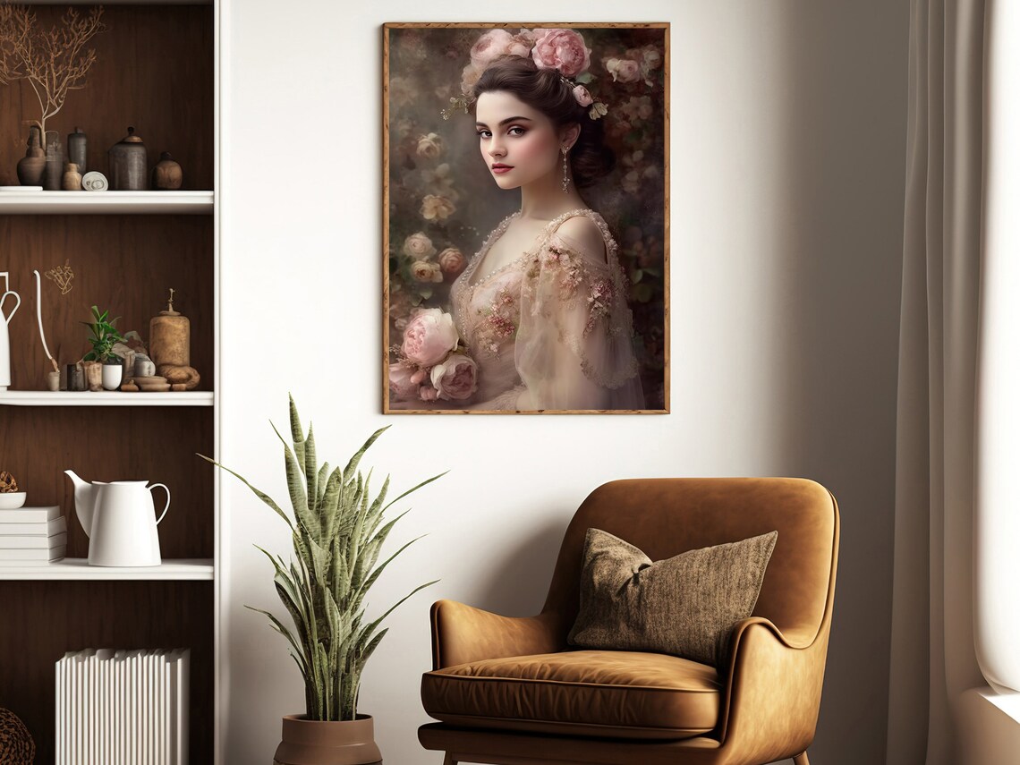 Romantic Victorian Woman Blush Roses Floral Oil Painting Beauty Wall Art - Image 3