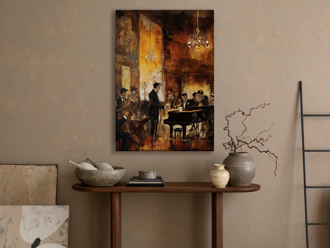 Vintage Jazz Club Grand Piano Cello Elegant Evening Performance Painting Print - Image 4