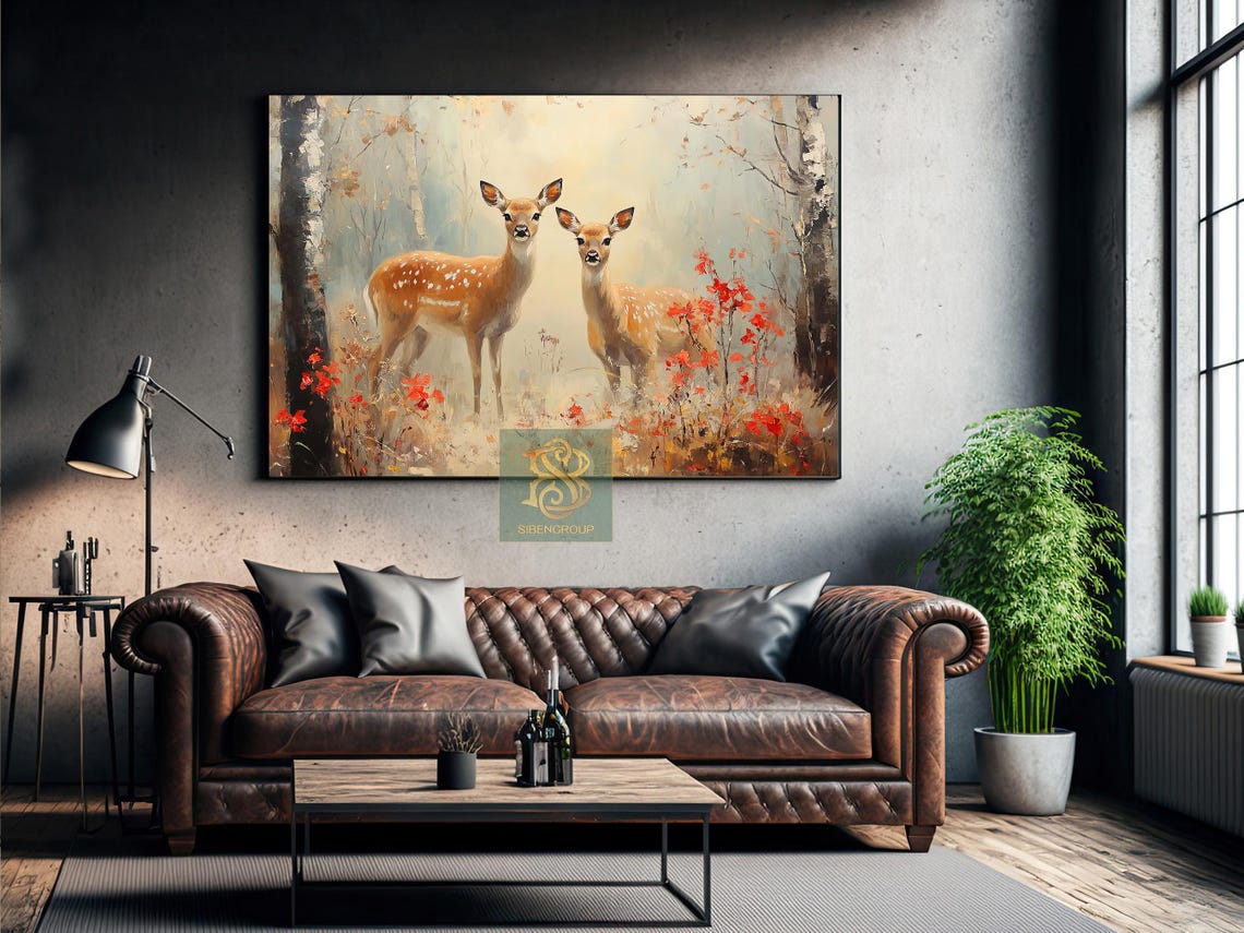 Two Spotted Sika Deer in Misty Forest With Red Berries Poster - Image 3