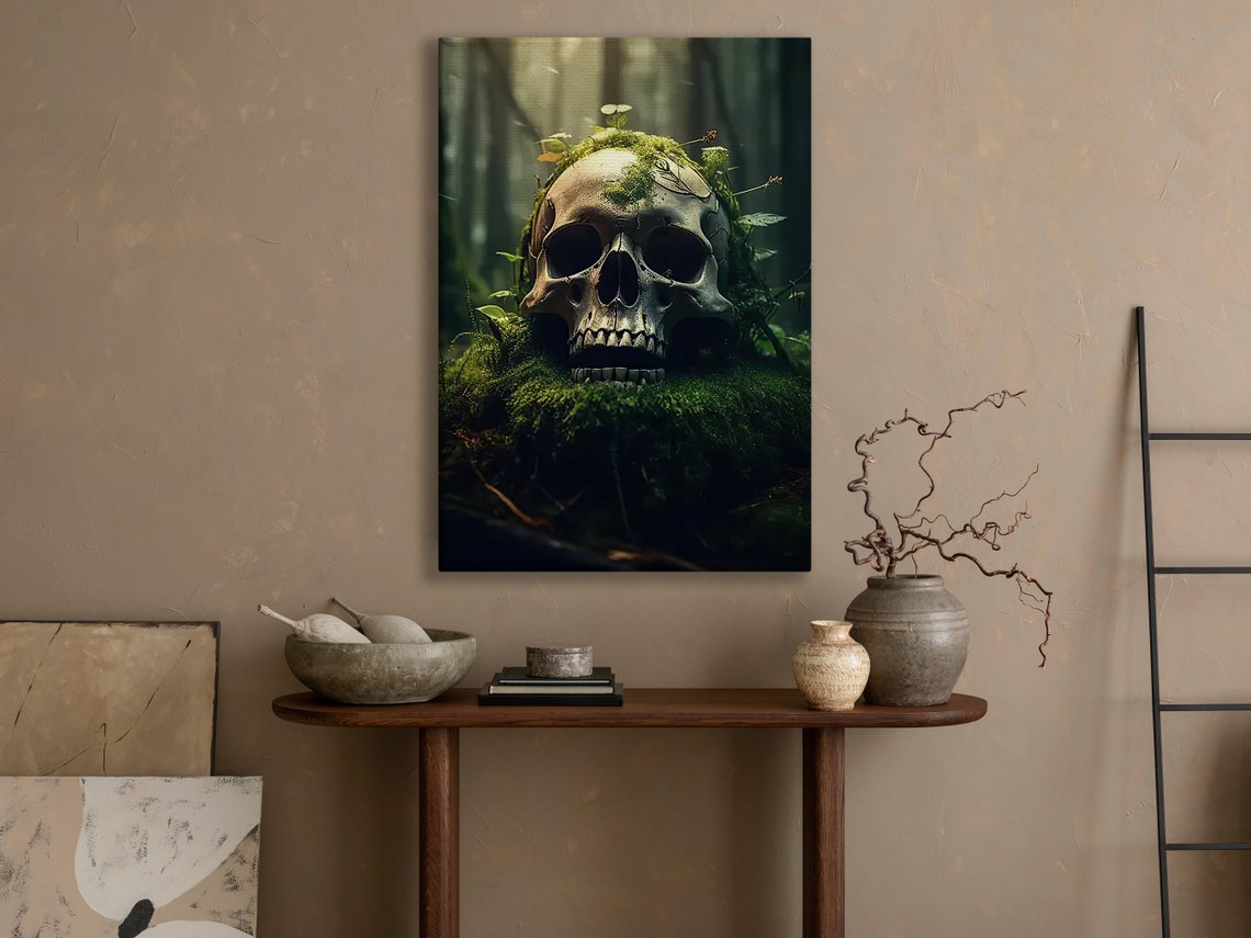 Moss Covered Skull Sunlit Forest Gothic Nature Memento Poster - Image 3