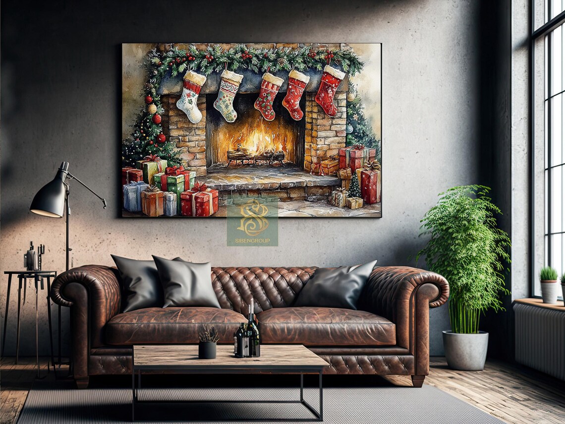 Cozy Brick Fireplace With Stockings Garland and Christmas Gifts Poster - Image 3