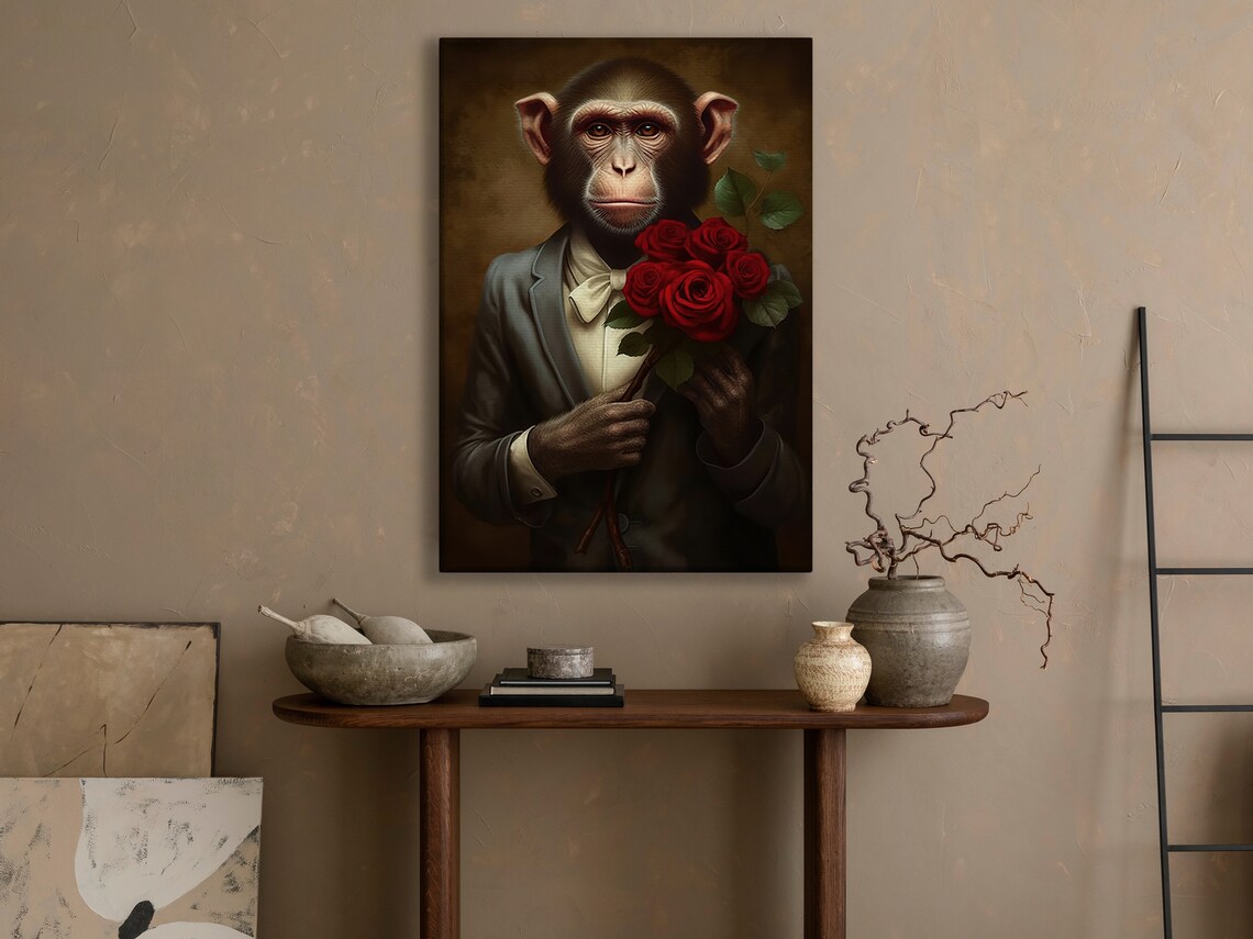 Chimpanzee In Suit And Bow Tie Holding Red Roses Vintage Animal Art Print - Image 3