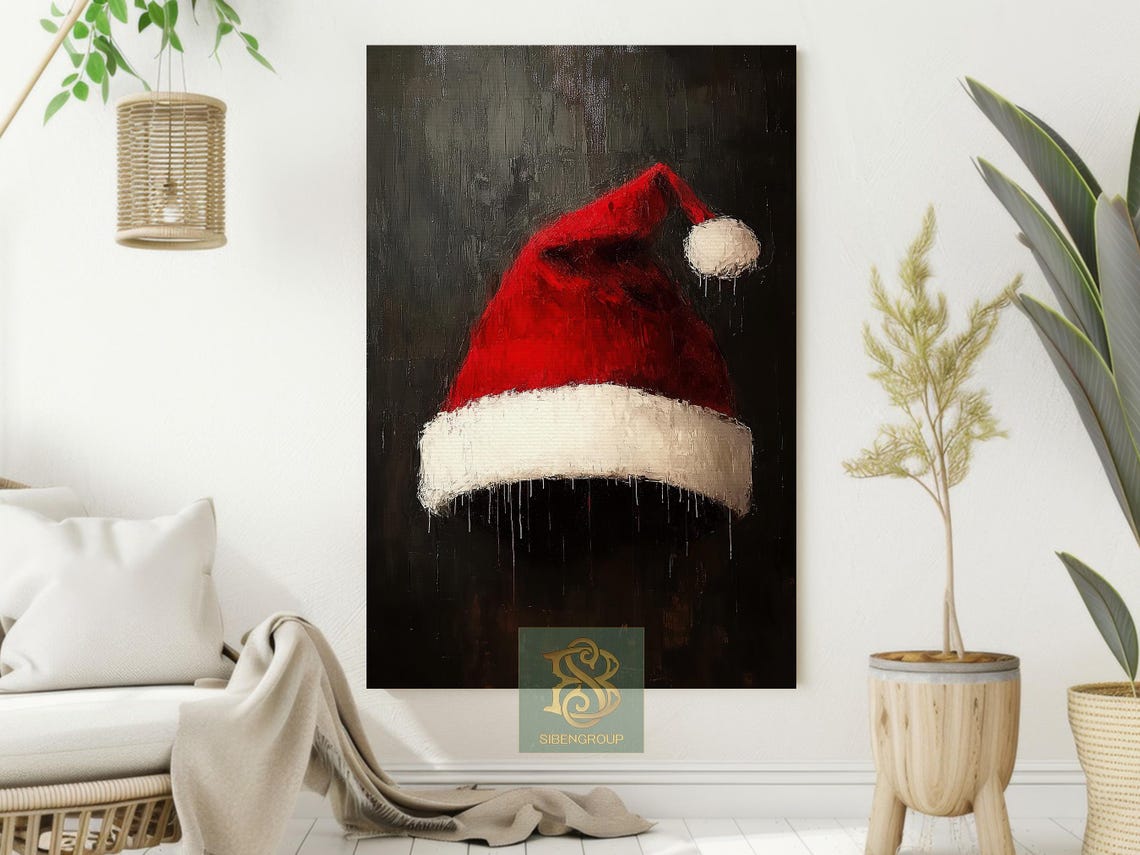 Red Santa Hat On Dark Background Textured Christmas Holiday Print - Image 2