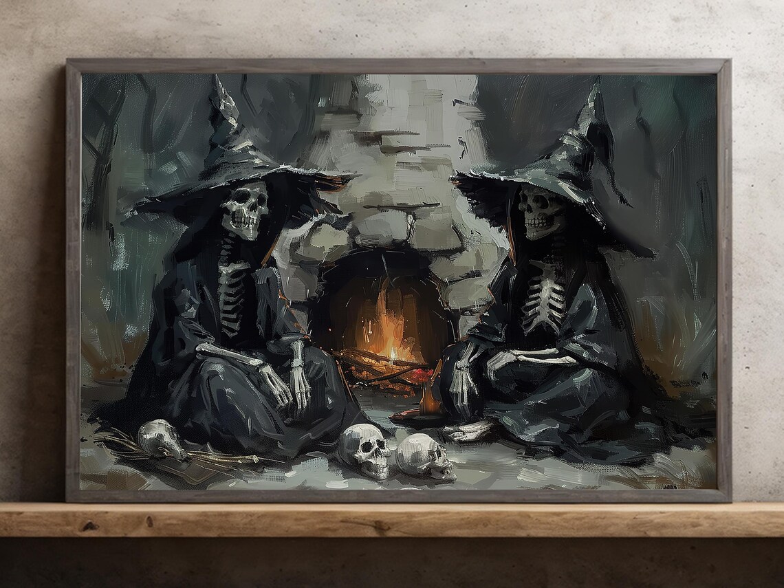 Couple Skeleton Gothic Halloween Fireplace Art Print