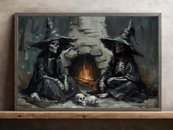 Couple Skeleton Gothic Halloween Fireplace Art Print